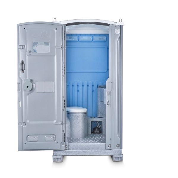 Portable toilet, gray and blue plastic construction with a white roof.