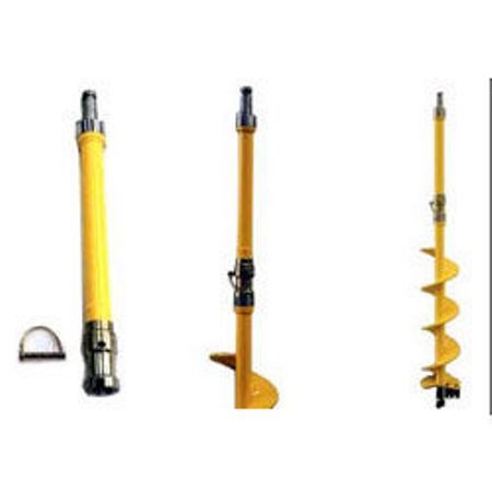 Green and yellow post hole digger with auger, engine, and wheels.