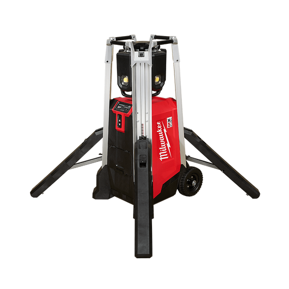 Red and black telescoping work light on tripod base.