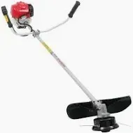 Gas-powered string trimmer, red engine, black guard, silver shaft, and black handle.