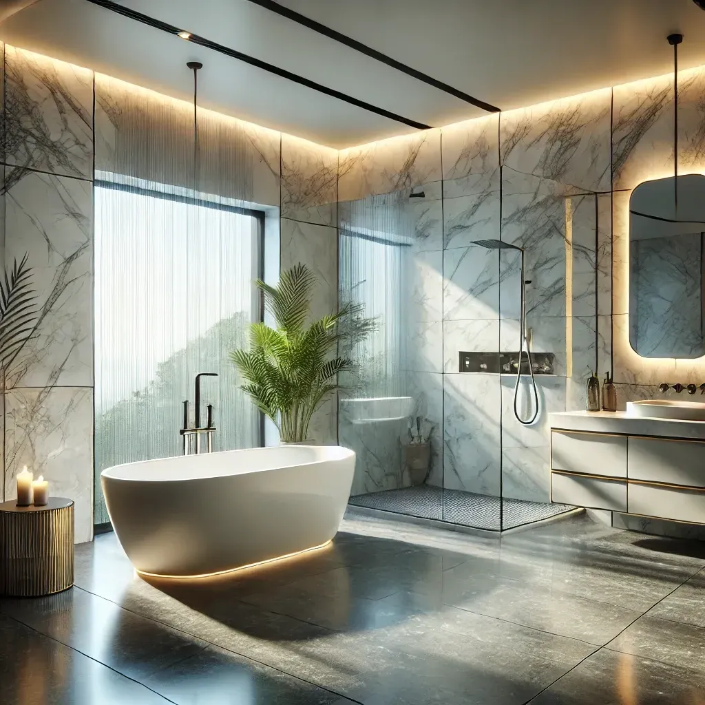 A bathroom with two sinks and a walk in shower.