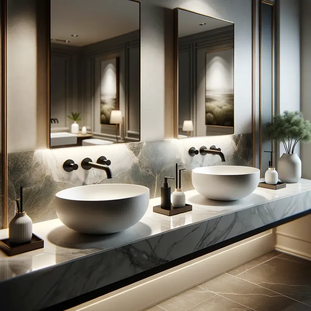 A bathroom with two sinks and a walk in shower.
