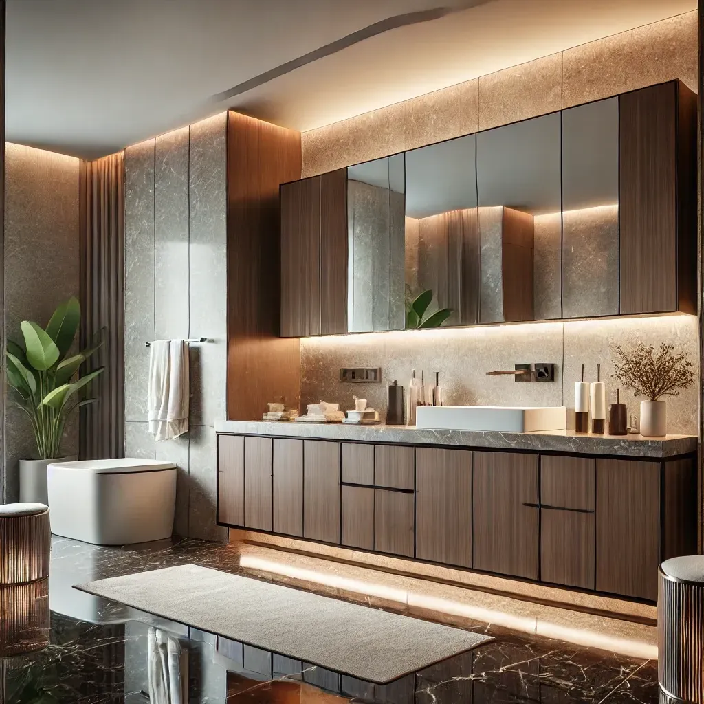 A bathroom with two sinks and a walk in shower.