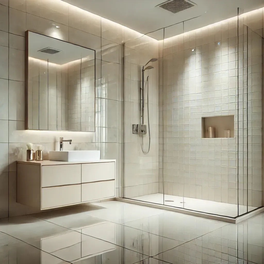 A bathroom with two sinks and a walk in shower.