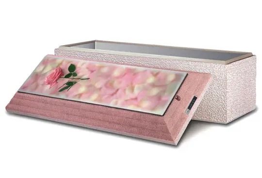 Pink floral memorial casket with rose design and silver trim