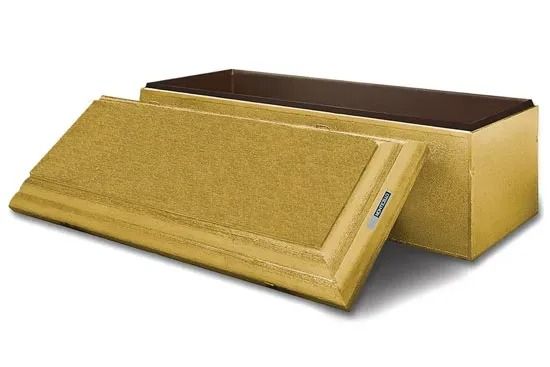 Gold-colored cardboard storage box with a hinged lid, open and leaning against the base