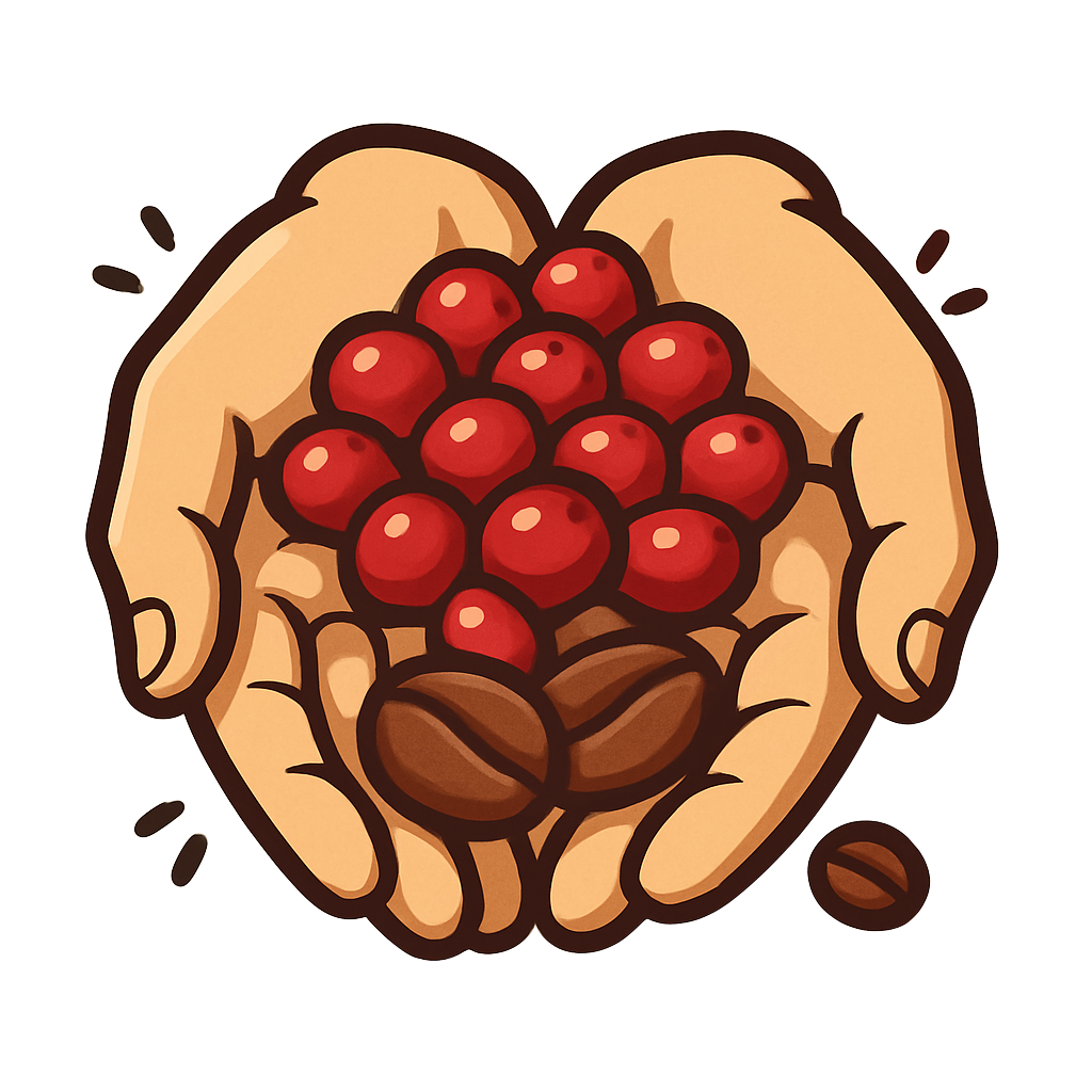 Hands holding red coffee cherries and two brown coffee beans.