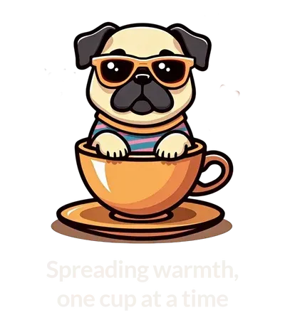 Cartoon pug wearing sunglasses, in a coffee cup. Text: Spreading warmth, one cup at a time.