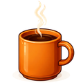 Orange mug filled with hot coffee, steam rising.