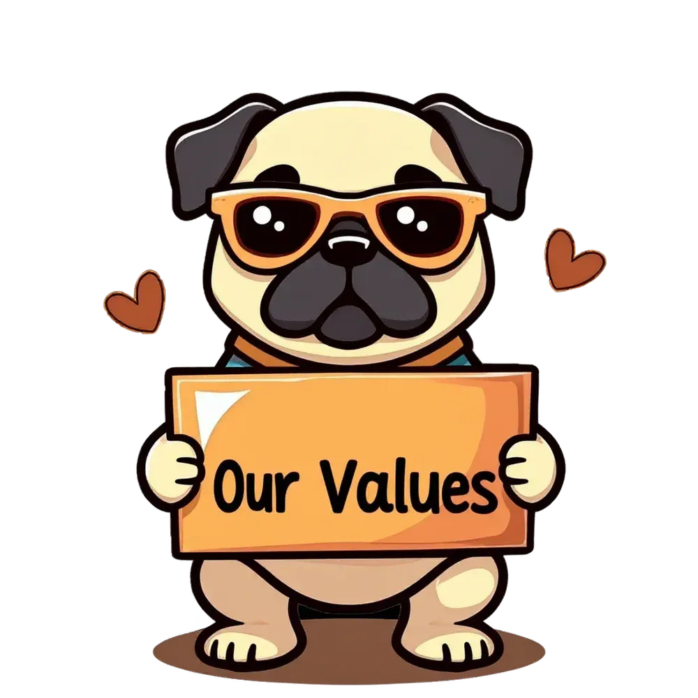 Pug wearing sunglasses holds a sign that reads 