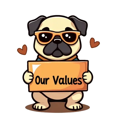 Pug wearing sunglasses holds a sign that reads