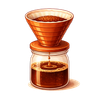 Coffee brewing: brown ceramic pour-over cone above glass jar, coffee dripping down.
