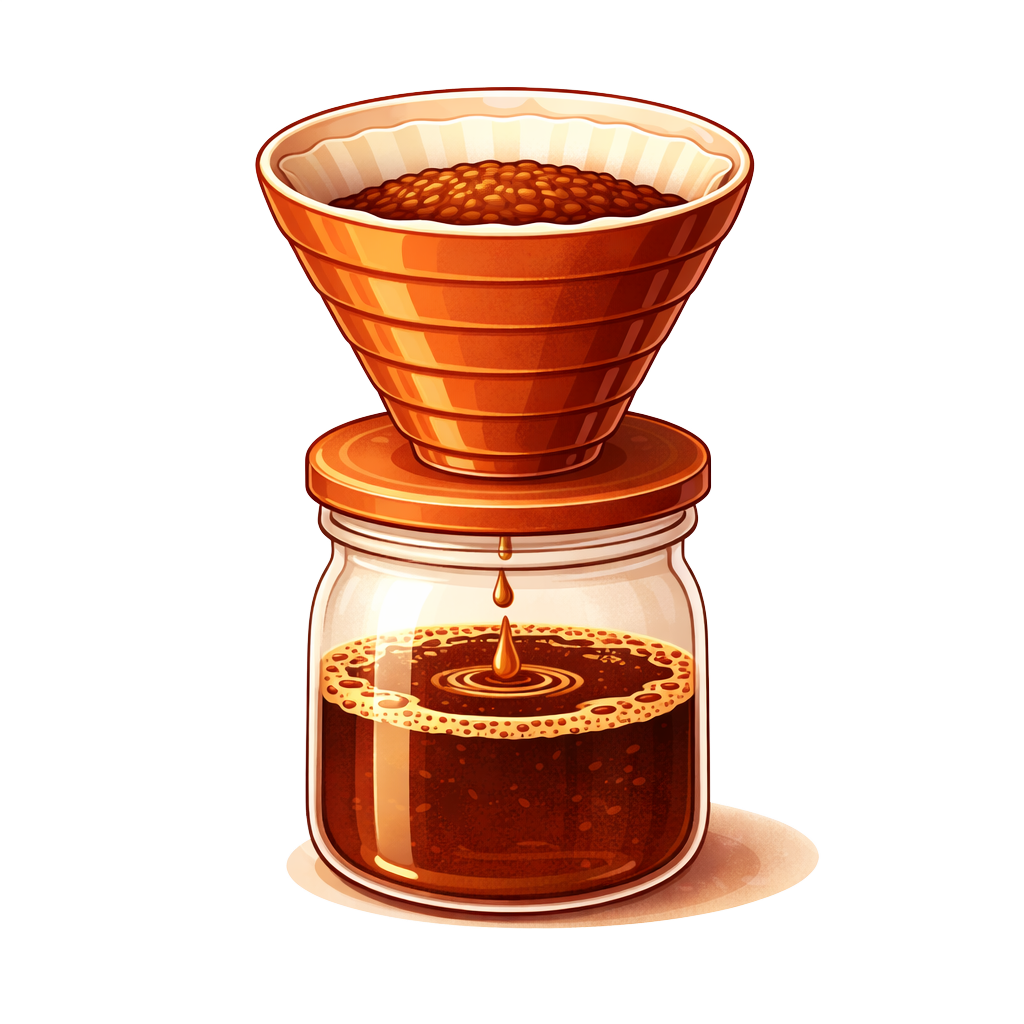 Coffee brewing: brown ceramic pour-over cone above glass jar, coffee dripping down.