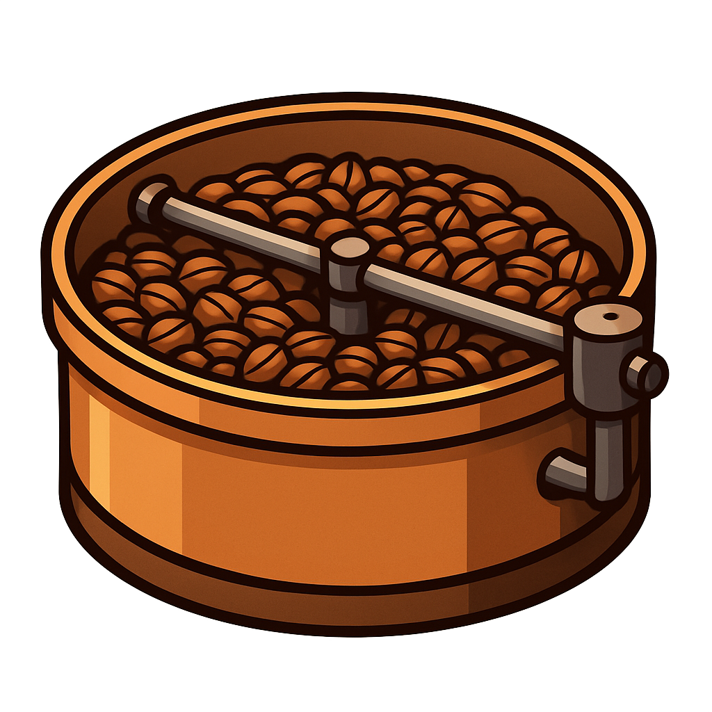 Coffee beans roasting in a copper-colored rotating drum.