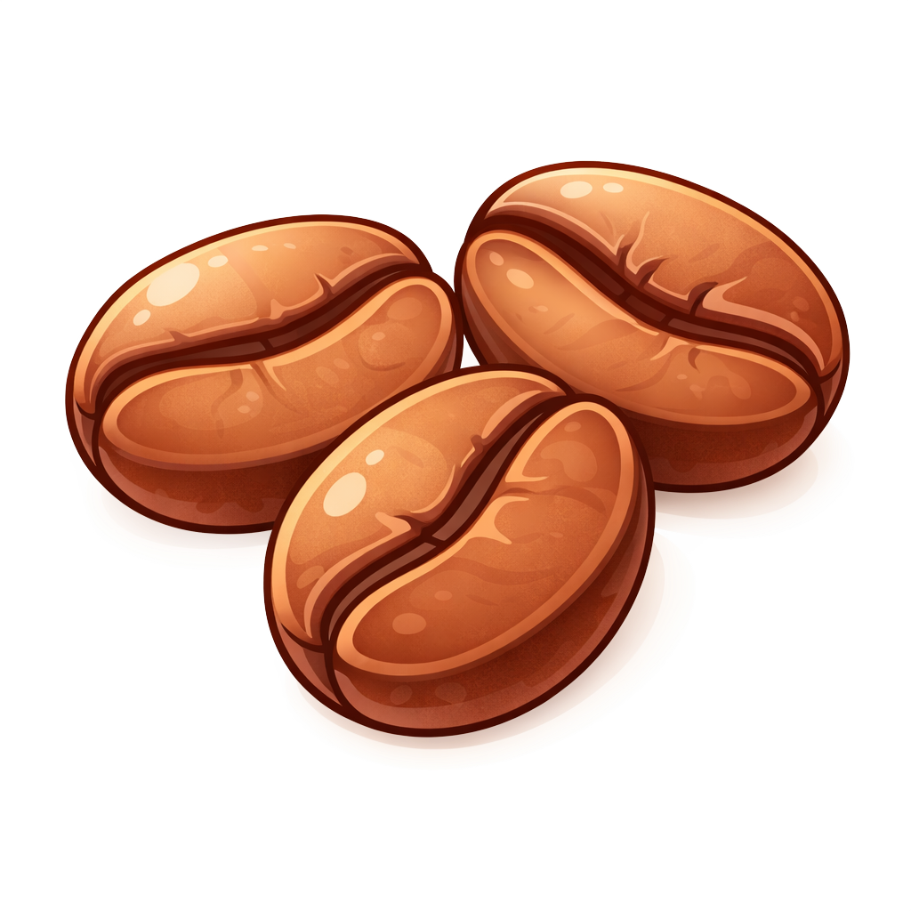 Three roasted coffee beans, brown with highlights, on white background.