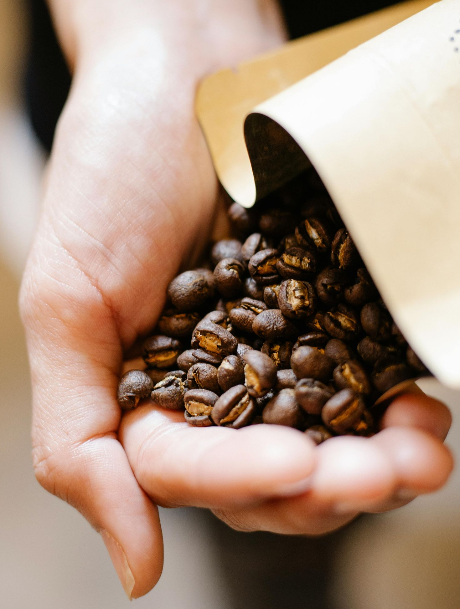 Hand holding roasted coffee beans pouring from a brown paper bag.