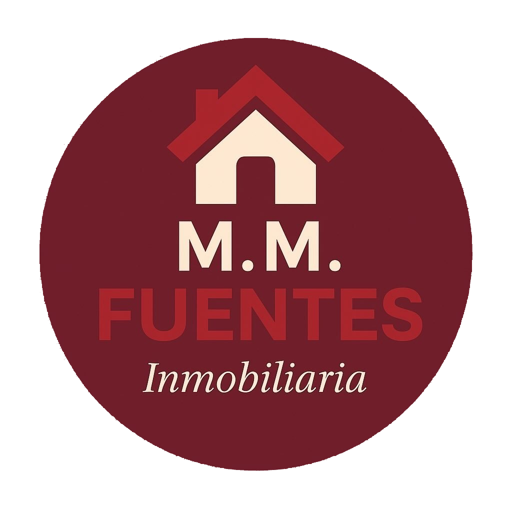 Logo circular rojo de M.M. Fuentes Inmobiliaria con casa estilizada en rojo y beige.