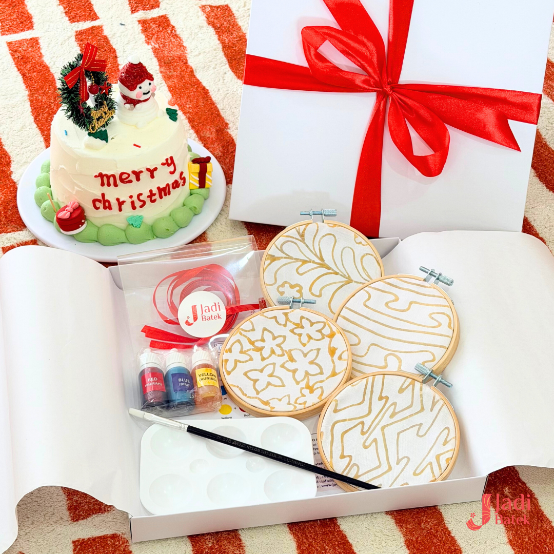 Christmas batik DIY ornament kit with painting tools and holiday gift packaging