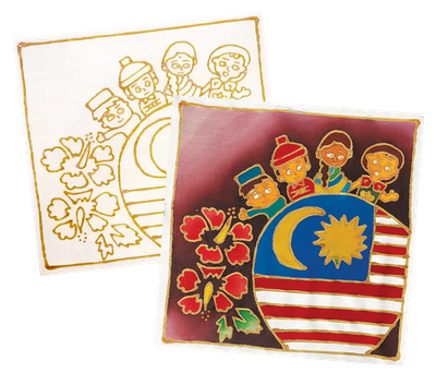Two batik paintings of Malaysian children, flag, and hibiscus flowers. One is colored, the other outlined.