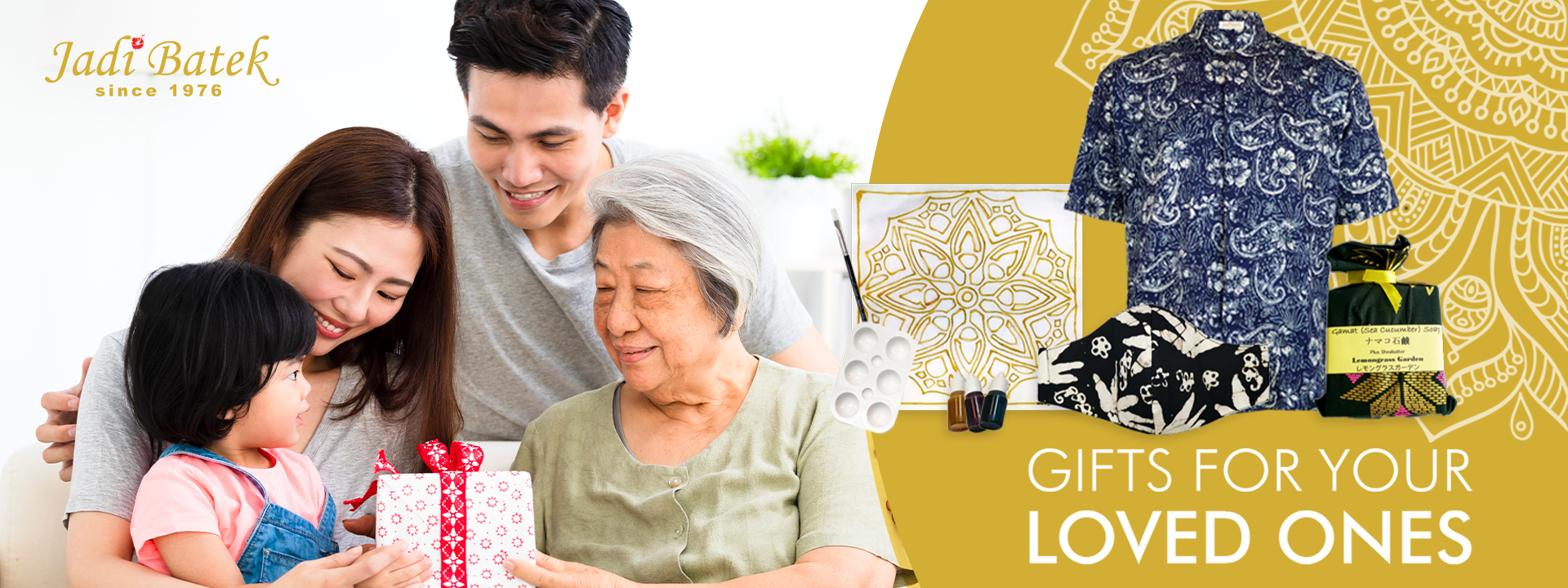 Family giving gifts. A man, woman, child, and grandmother smile while opening a present. Gifts and shirts on a yellow background.