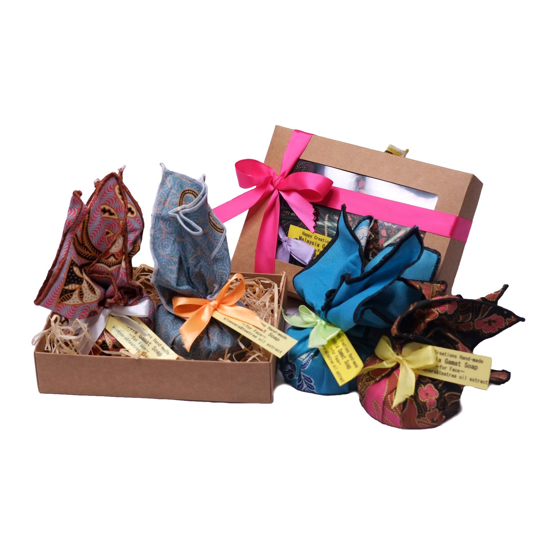 Gift baskets with wrapped items and colorful bows.