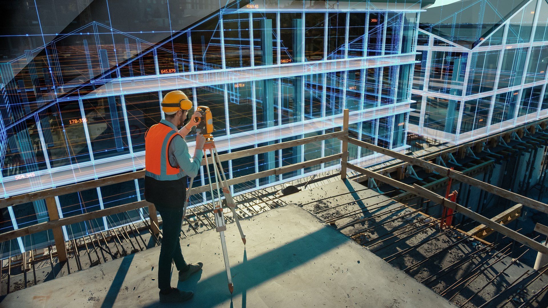 A construction worker is standing on a balcony looking at a building under construction.