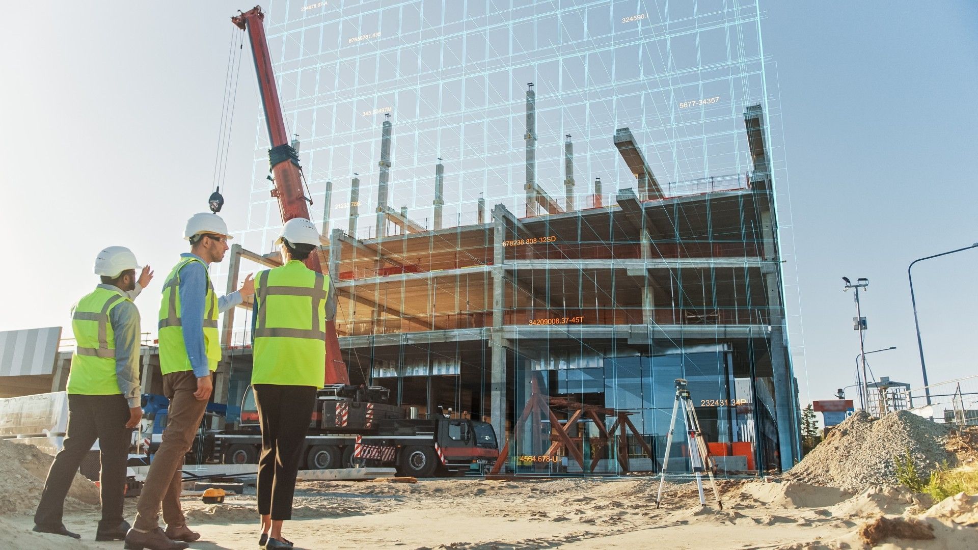 A group of construction workers are standing in front of a building under construction.