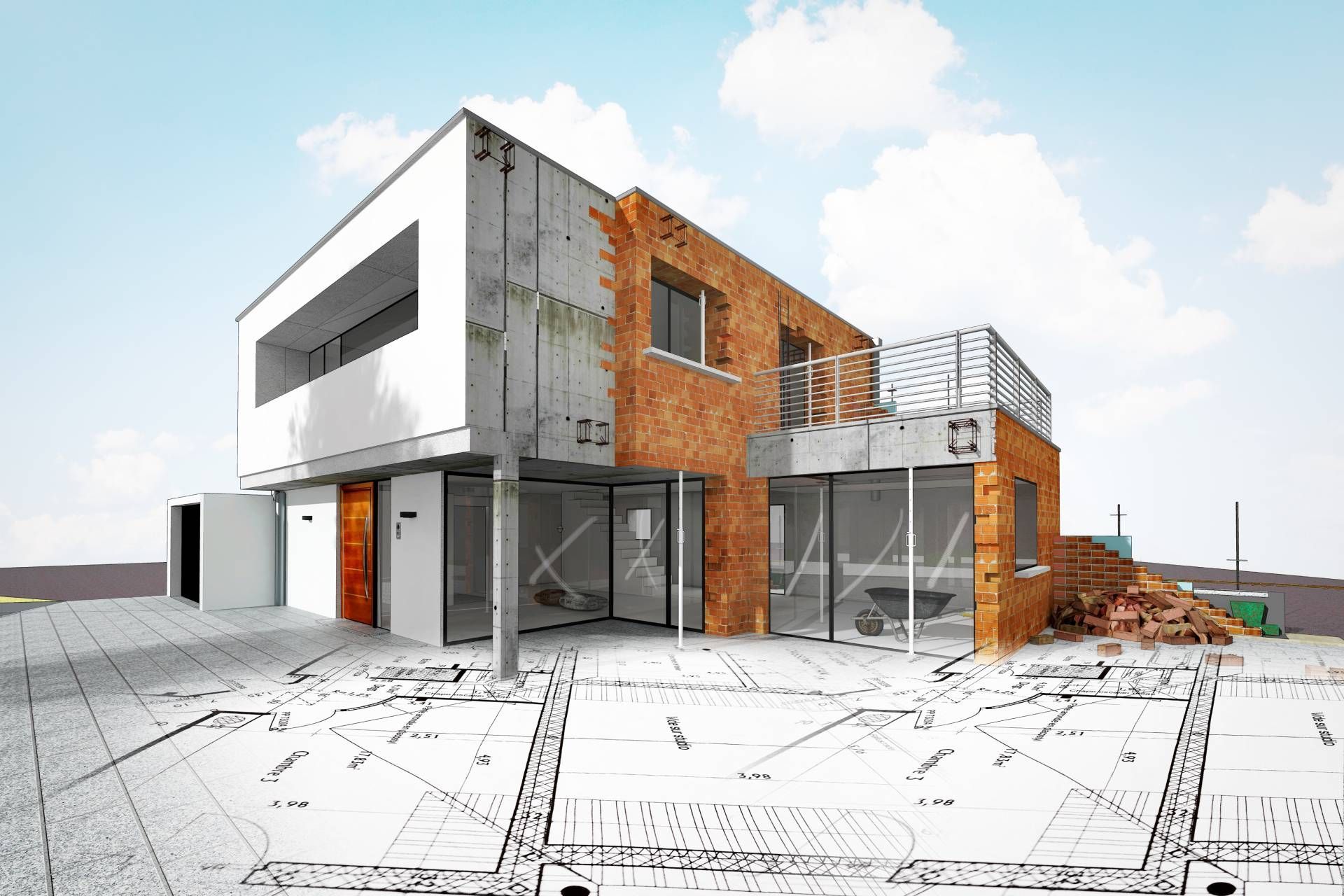 A computer generated image of a house under construction.