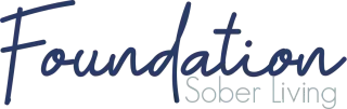 The logo for the foundation for sober living is blue and white.