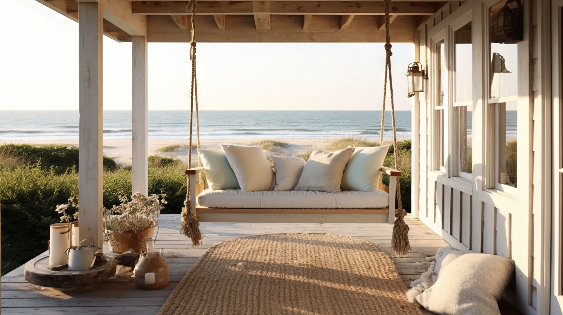 Beachside porch with swing, ocean view, beige and blue cushions, rope rug, and white siding.