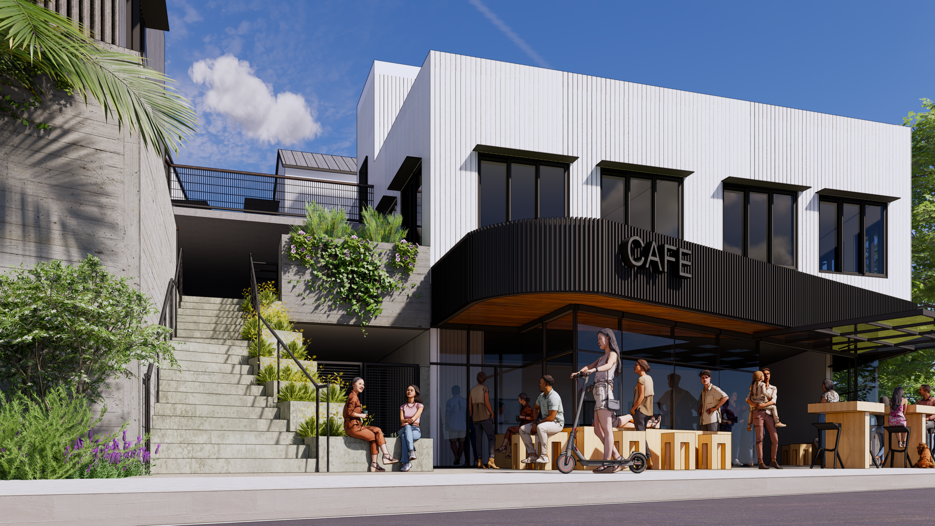 Cafe exterior with people gathered outside; white building with black accents, stairs, and greenery.