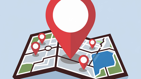 Map with large red location marker and four smaller markers.