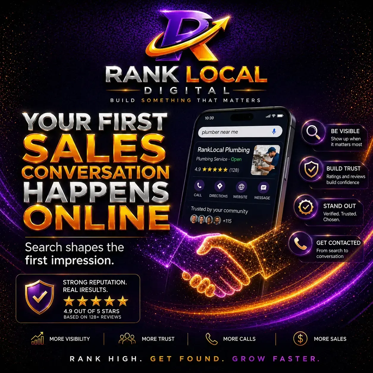 Rank Local Digital ad with glowing purple/orange text, smartphone mockup, and handshake graphic on dark background