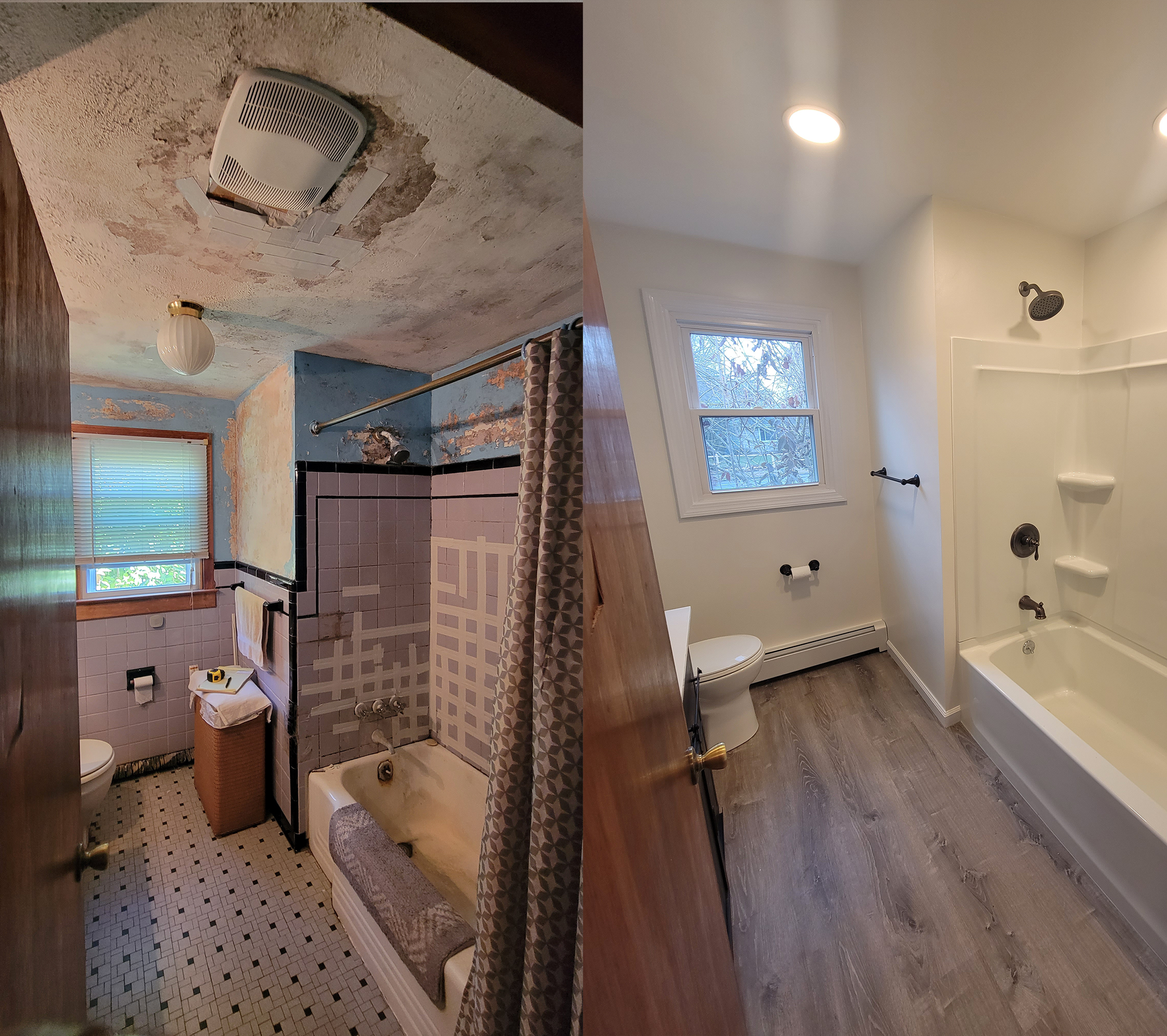 A before and after photo of a bathroom remodel done in Bristol, CT by First Choice Bathroom Remodeling