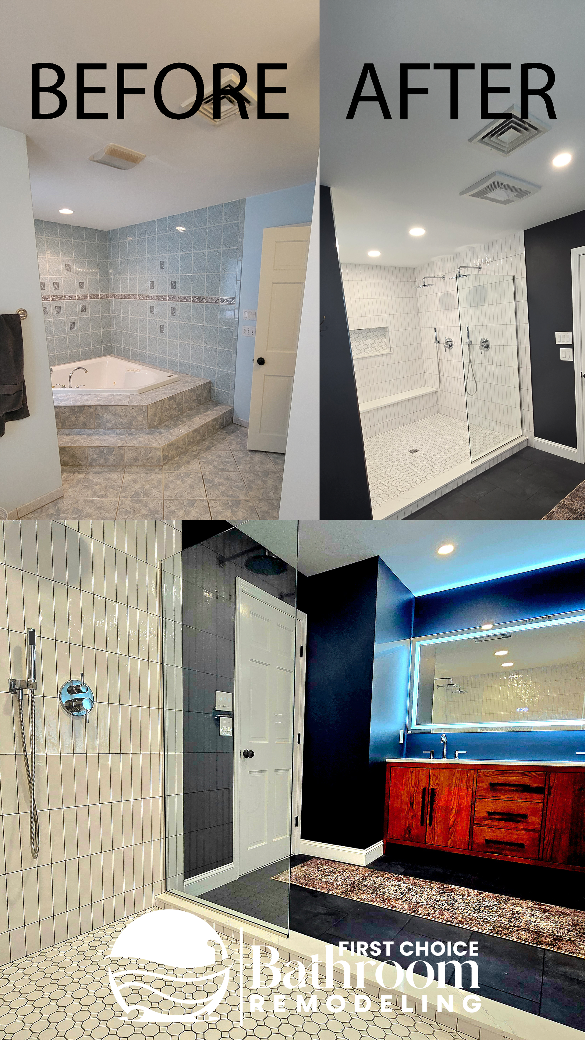 A before and after photo of a bathroom remodel.