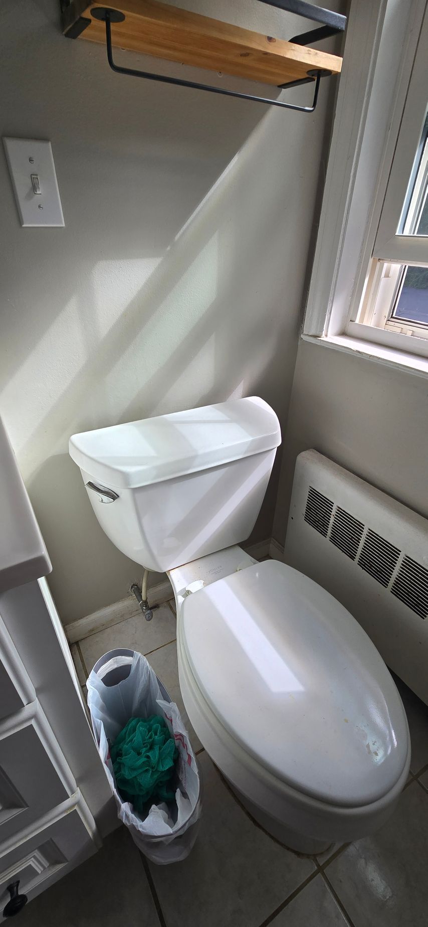 Bathroom with a white toilet, trash can, and window. Sunlight shines into the room.