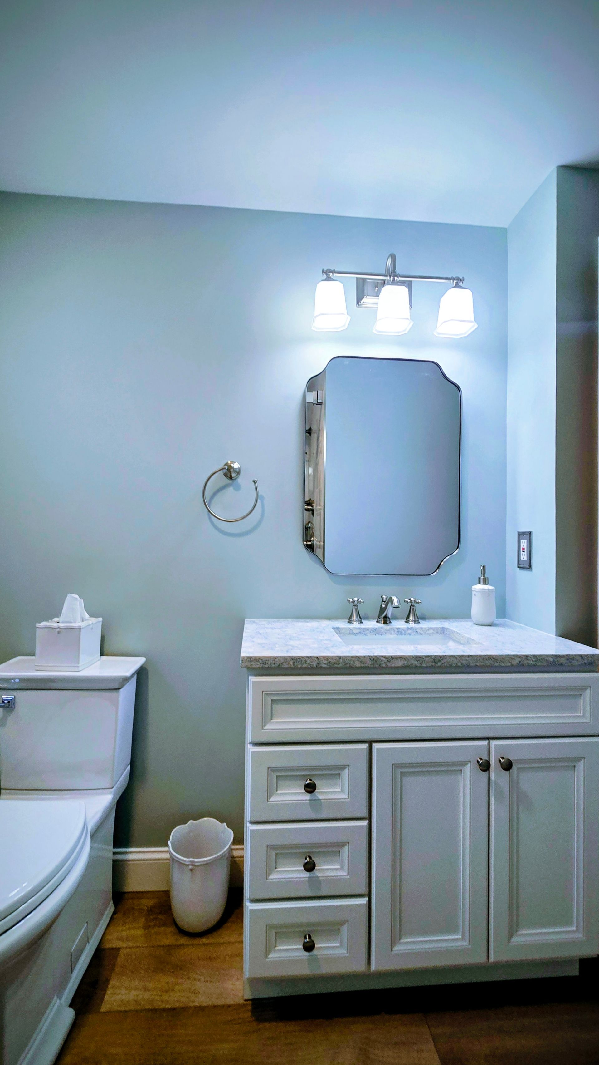 Bathroom with white vanity, mirror, toilet, and light blue walls.