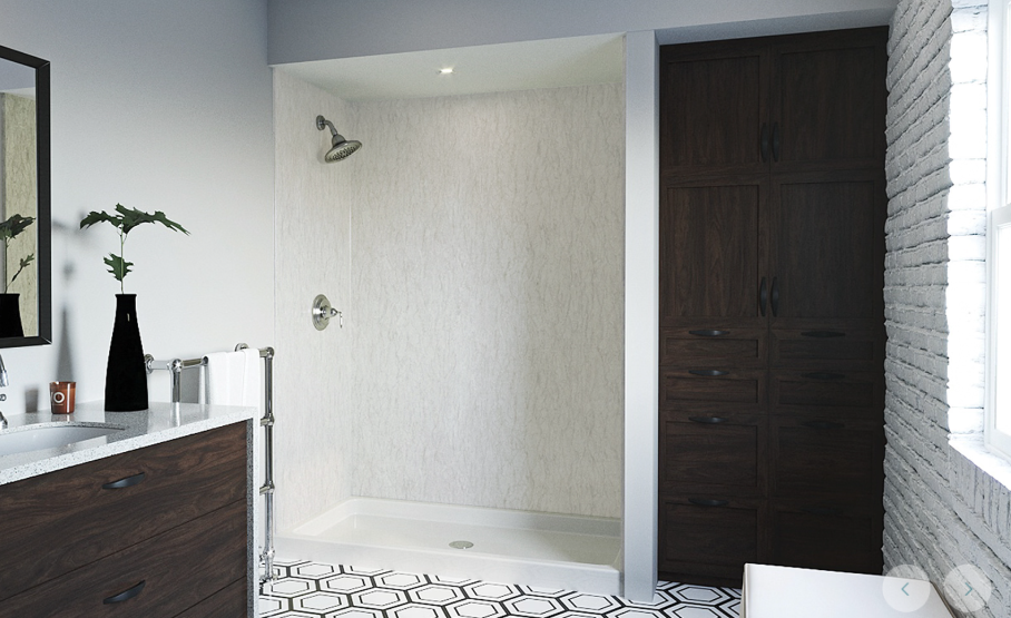 A bathroom with a walk in shower , sink and mirror.