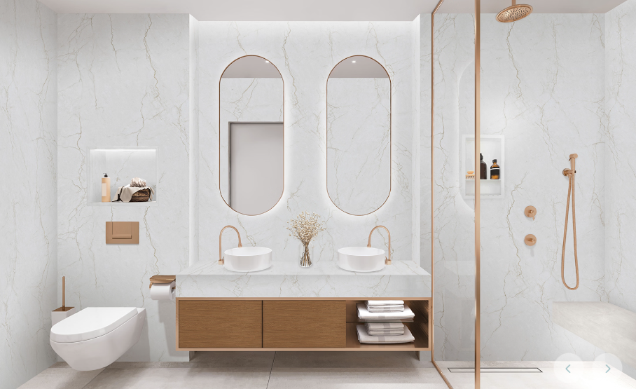 A bathroom with a shower head and a shelf.