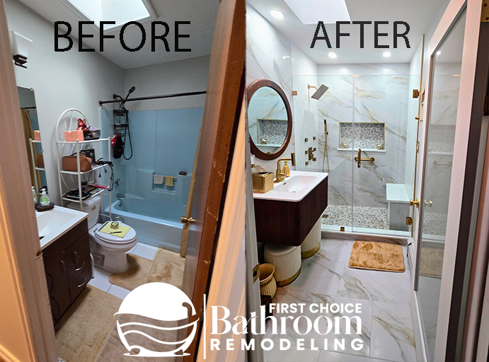 A before and after photo of a bathroom remodel.