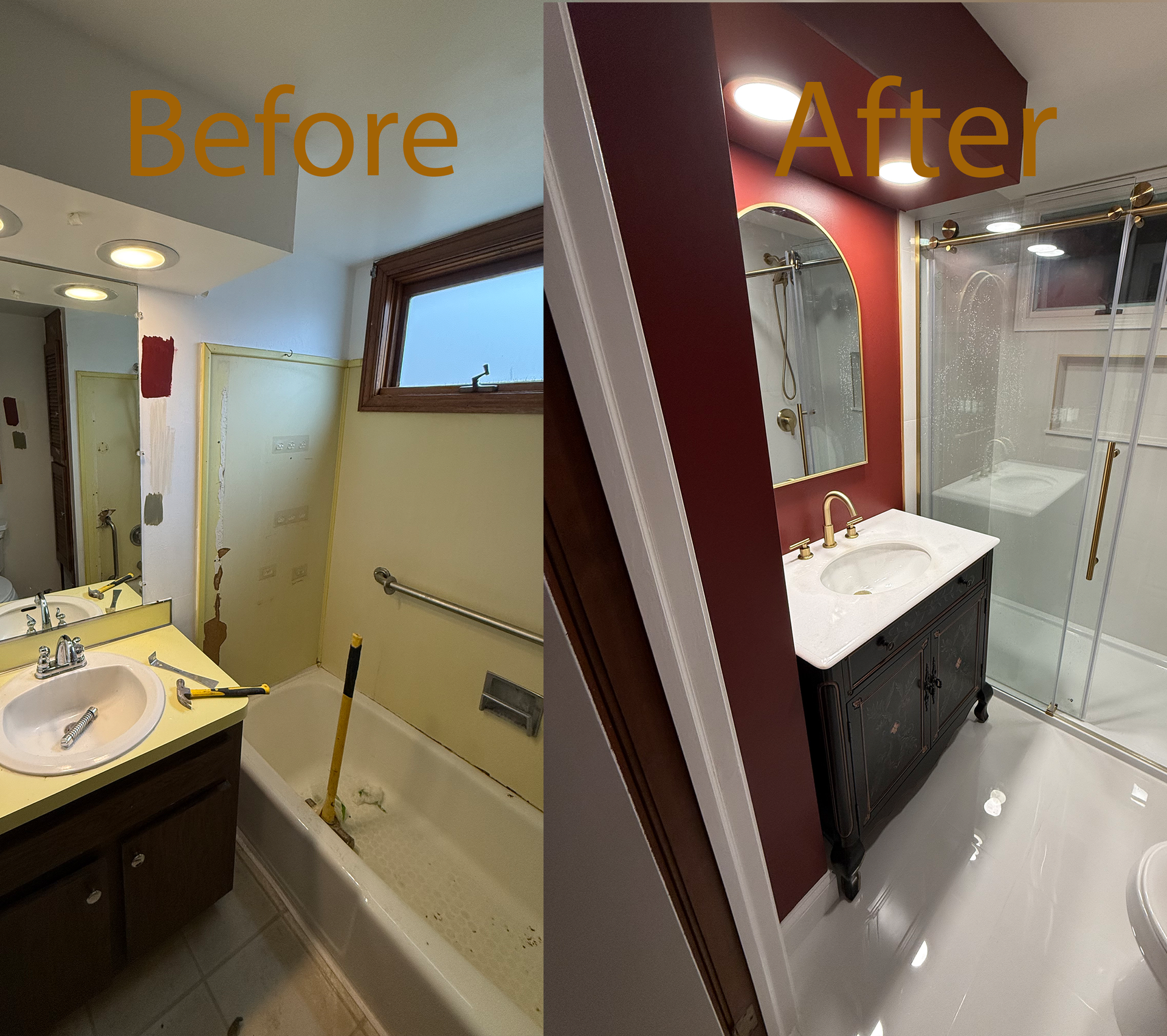 A before and after photo of a bathroom with red walls