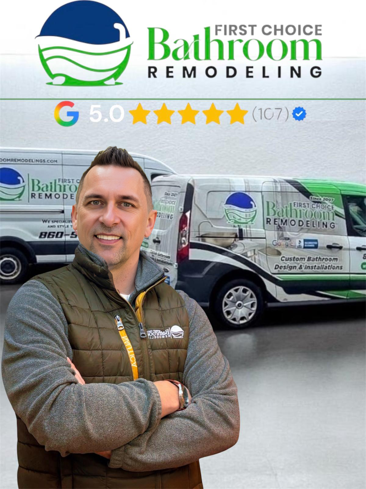 Owner Fabian Nicewicz in front of two vans, logo 