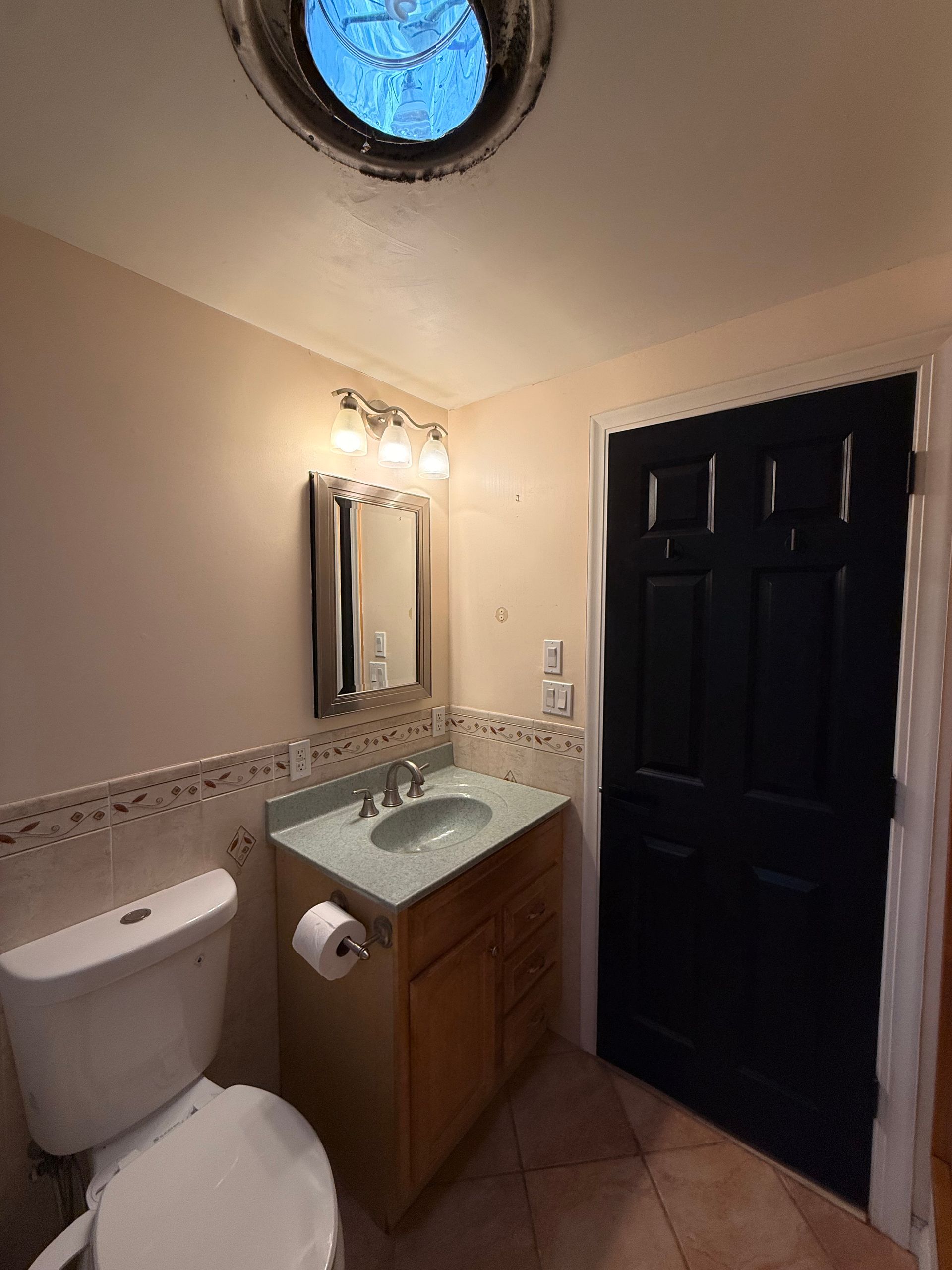 Small Berlin CT bathroom with a toilet, sink, mirror, and a dark door. Skylight in the ceiling.