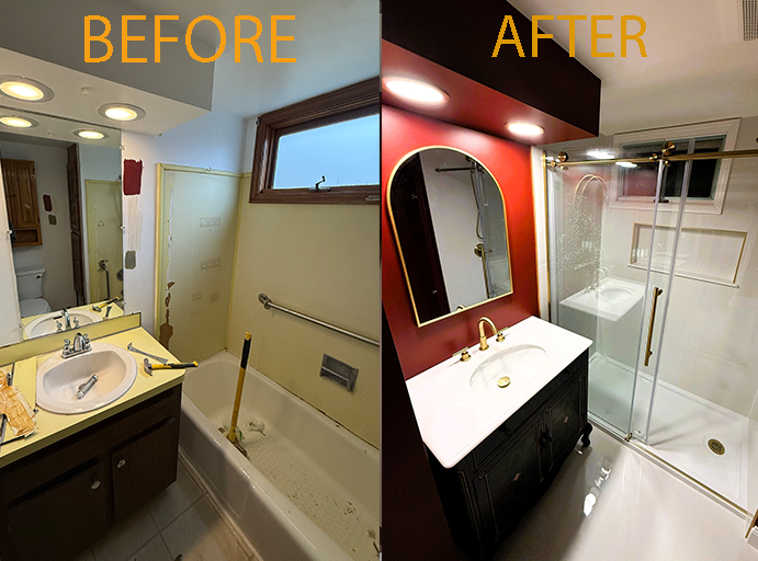 A before and after photo of a bathroom with a bathtub and sink