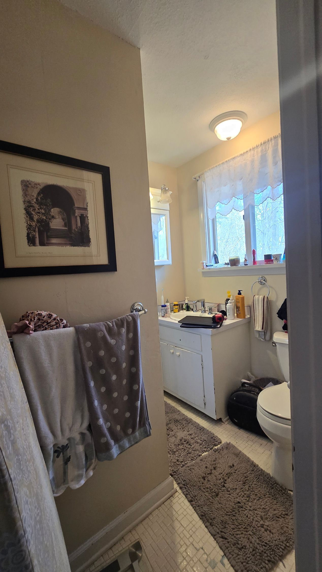 Bathroom interior before the remodel in Glastonbury, CT; towels on rack, artwork on wall, view of bathtub and toilet.
