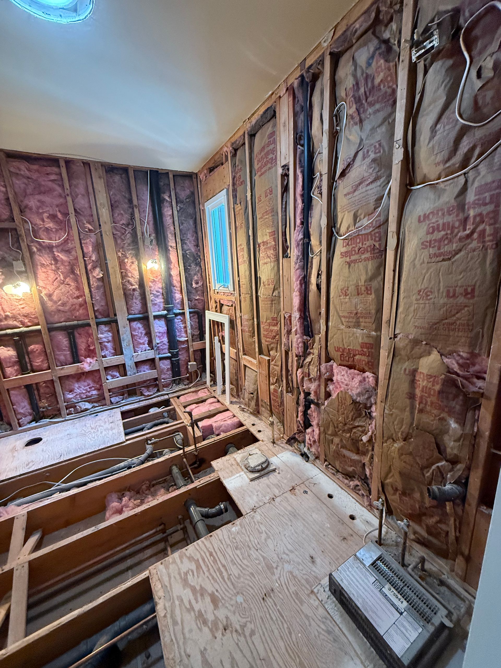 Bathroom renovation in progress, walls and floor gutted, insulation exposed.
