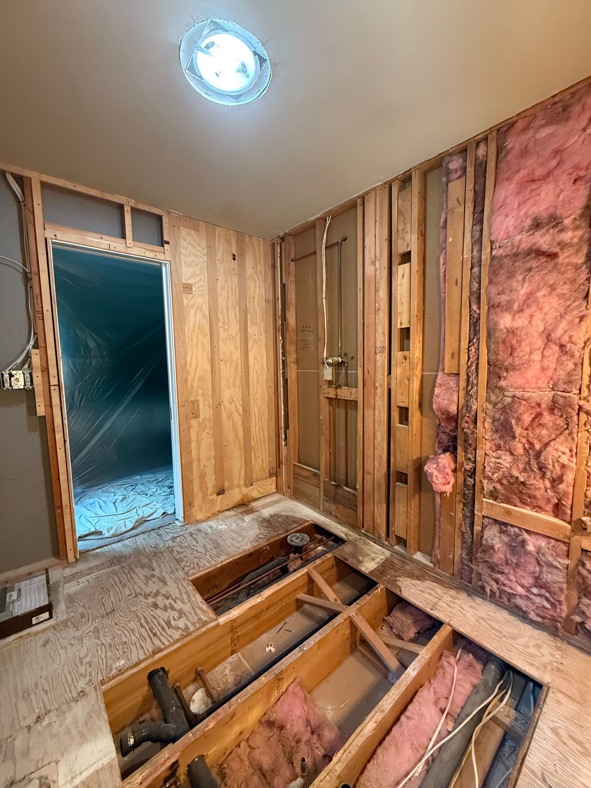 Bathroom under renovation; exposed framing, insulation, and plumbing. Doorway leads to a shower area.