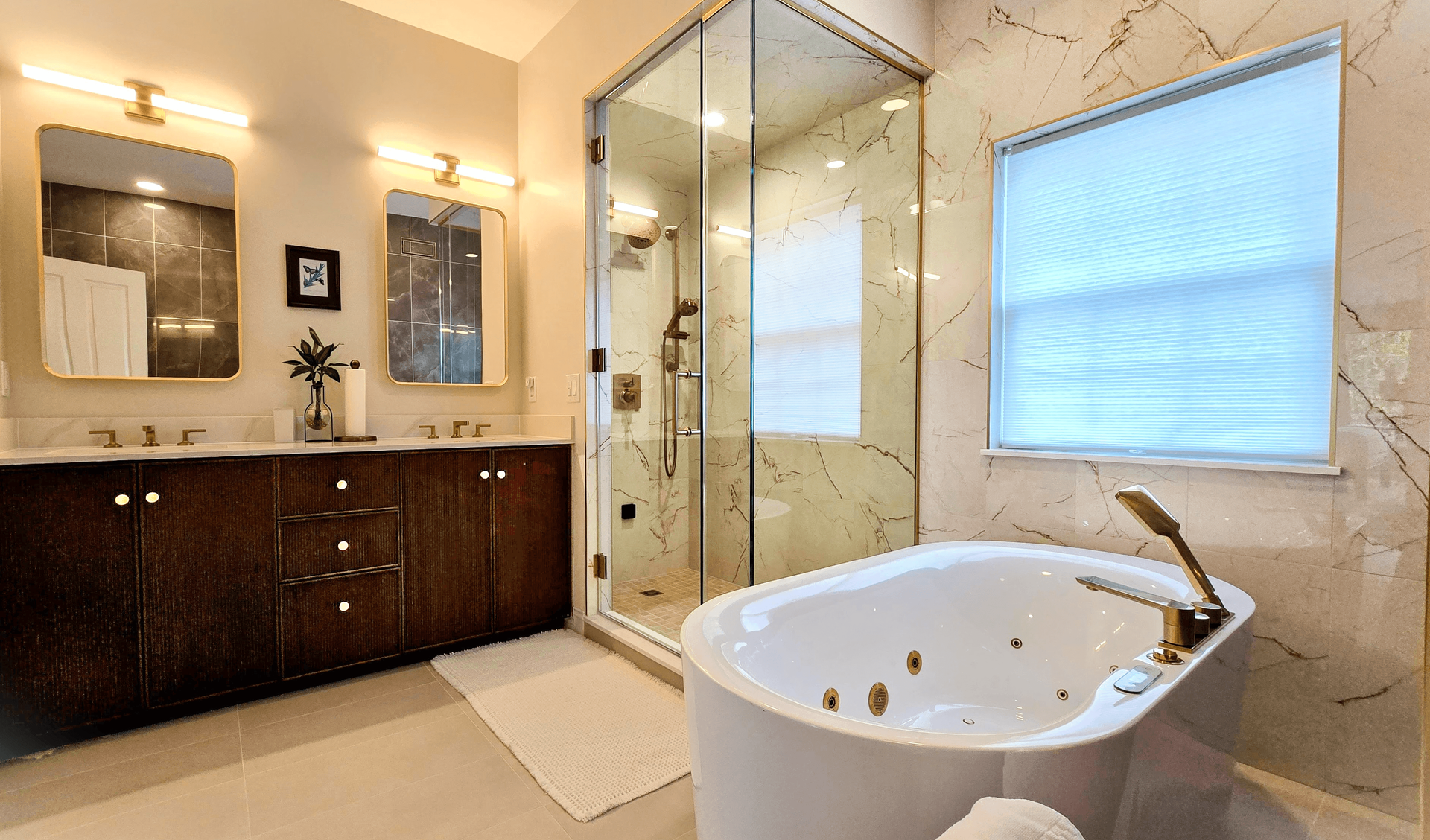 Modern bathroom remodel cost with custom steam shower, soaking tub and double sink vanity
