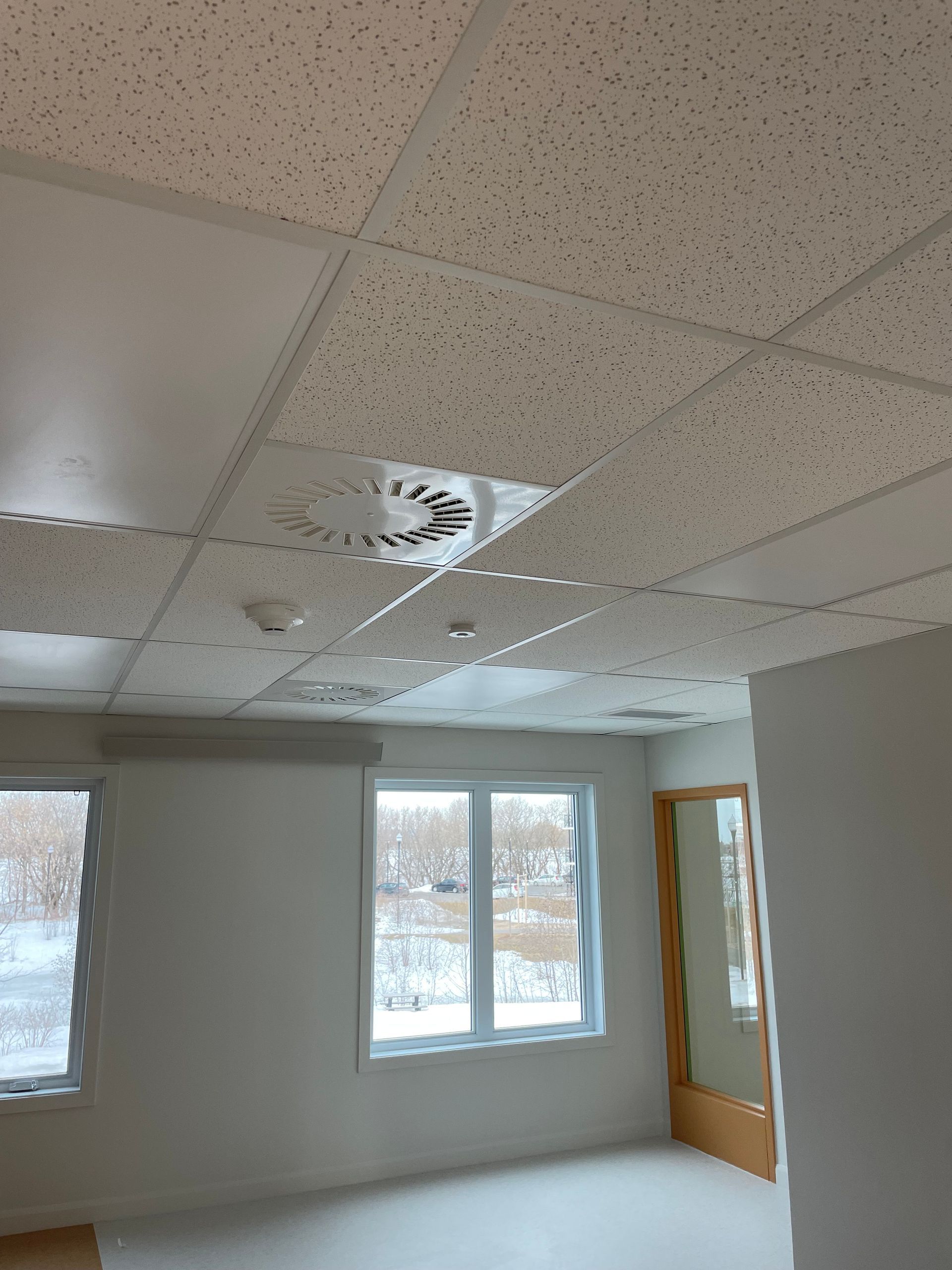 Une pièce vide avec un plafond carrelé et deux fenêtres