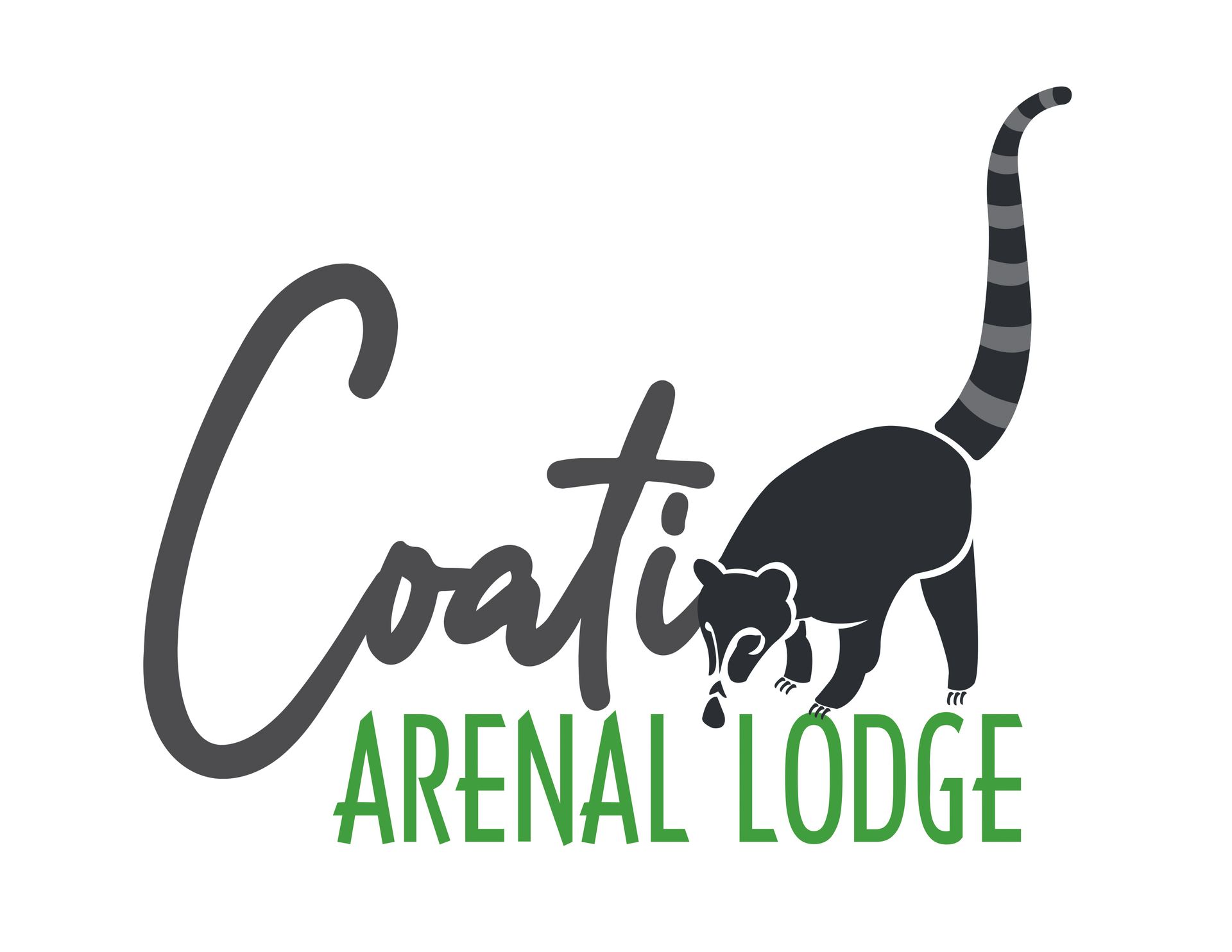 the logo for coatis arenal lodge shows a raccoon with a long tail .